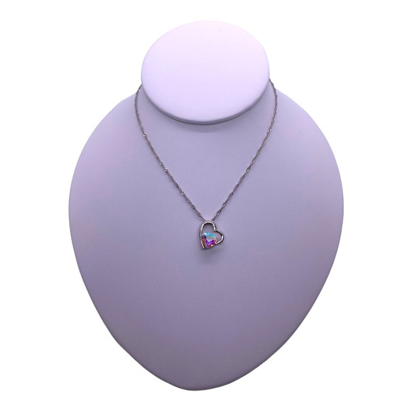 Imitation Silver Iridescent Rhinestone Gemstone Two Hearts In One Necklace - Picture 3 of 7